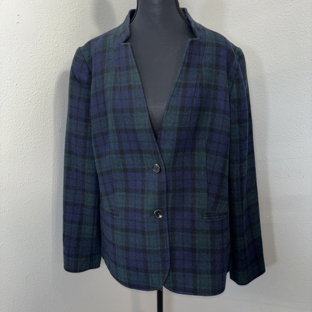 Talbots Wool Blend‎ Plaid Blazer Women's 16 Blue Green Two Button Classic Preppy